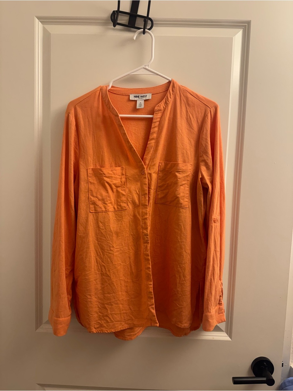 Nine West Orange Casual Button-Up Top Linen Blend Medium